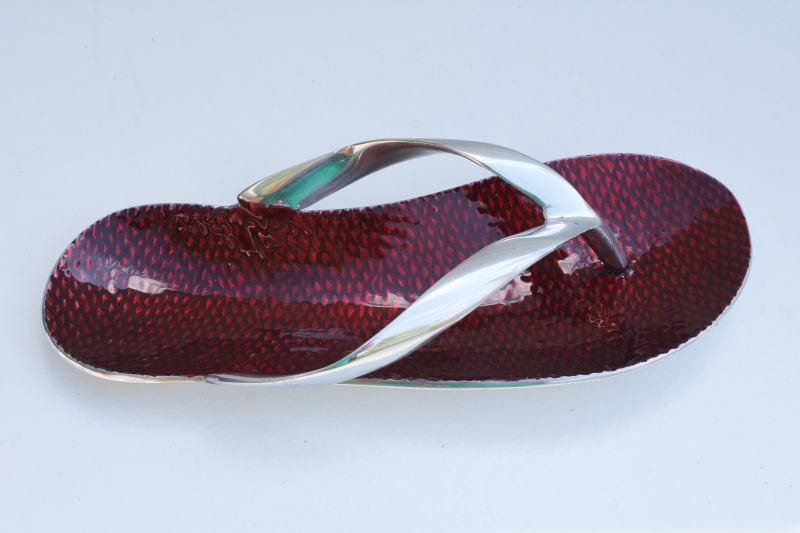 photo of retro tiki bar beach decor, life size flip flop sandal shape dish, enameled metal #2