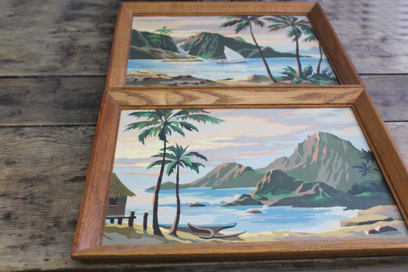 photo of retro tiki style tropical island beach paintings, vintage paint by number pictures #1