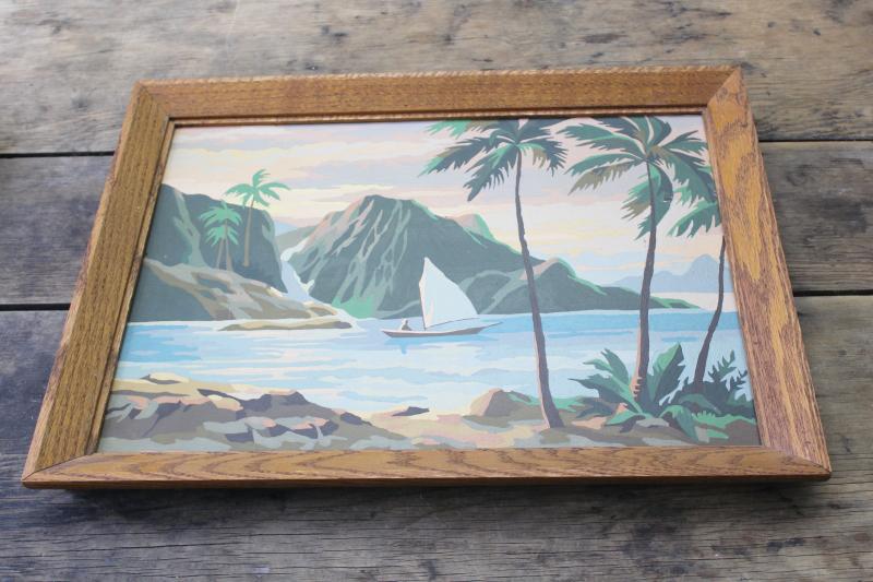 photo of retro tiki style tropical island beach paintings, vintage paint by number pictures #4