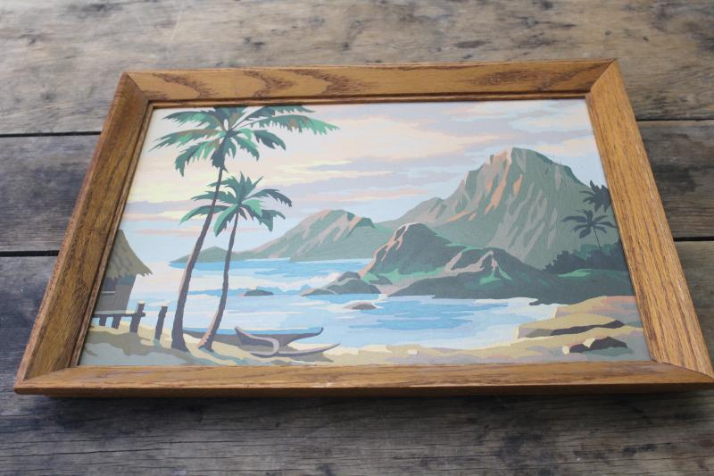 photo of retro tiki style tropical island beach paintings, vintage paint by number pictures #5