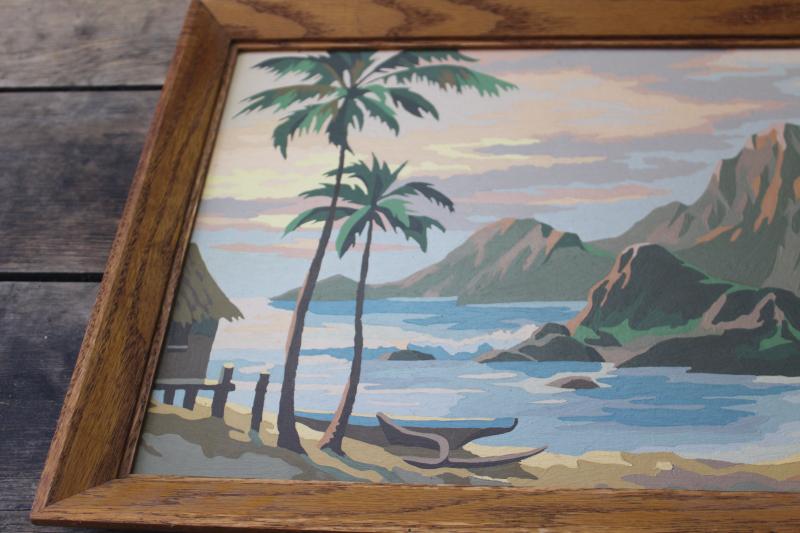 photo of retro tiki style tropical island beach paintings, vintage paint by number pictures #7