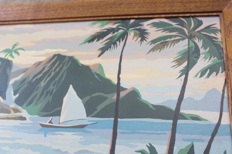 photo of retro tiki style tropical island beach paintings, vintage paint by number pictures #8