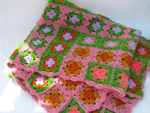 photo of retro vintage 60s pink / green granny squares crochet throw rug #1