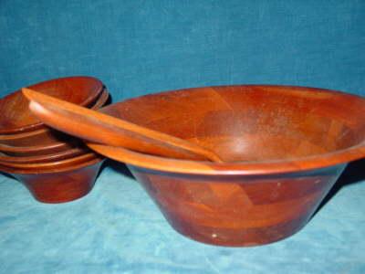 photo of retro vintage 60's wood salad set, large & small bowls #1