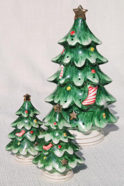 photo of retro vintage Lefton Christmas tree buffet set, toothpick hors d'ouves holder and S&P shakers #1