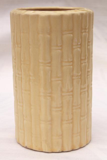 photo of retro vintage USA pottery cylinder vase w/ tall bamboo, pale creamy yellow glaze #1