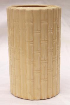 catalog photo of retro vintage USA pottery cylinder vase w/ tall bamboo, pale creamy yellow glaze