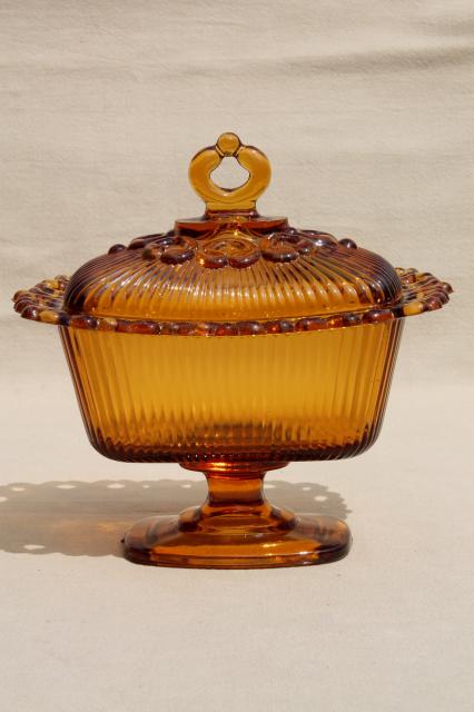 photo of retro vintage amber glass candy dish, Indiana glass open lace edge wedding box  #2