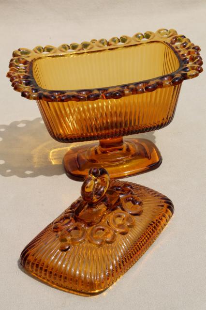 photo of retro vintage amber glass candy dish, Indiana glass open lace edge wedding box  #4