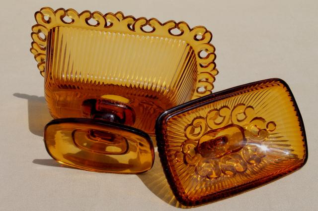 photo of retro vintage amber glass candy dish, Indiana glass open lace edge wedding box  #6