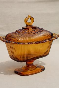 catalog photo of retro vintage amber glass candy dish, Indiana glass open lace edge wedding box 