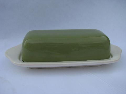 photo of retro vintage avocado green / white pottery butter dish, 60s mod shape #1