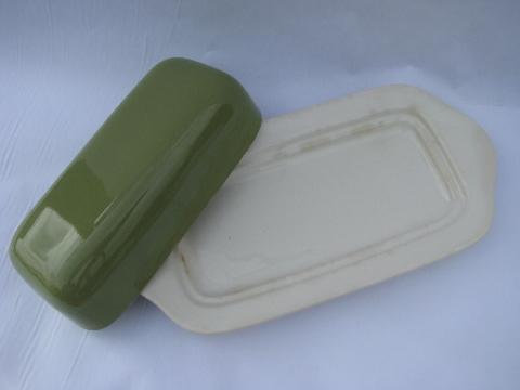 photo of retro vintage avocado green / white pottery butter dish, 60s mod shape #2