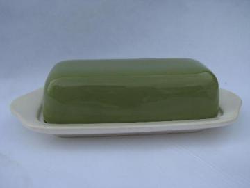 catalog photo of retro vintage avocado green / white pottery butter dish, 60s mod shape