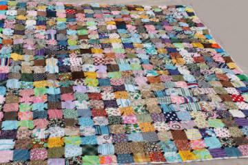 catalog photo of retro vintage boho crazy quilt, patchwork blocks in bright cotton prints & colors