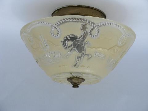 photo of retro vintage ceiling fixture, western rodeo cowboy & cactus embossed glass shade #1