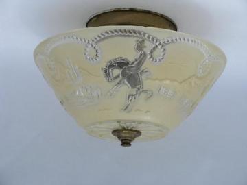 catalog photo of retro vintage ceiling fixture, western rodeo cowboy & cactus embossed glass shade