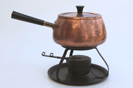 photo of retro vintage copper fondue pot & warming stand, Portugal copper ware #3