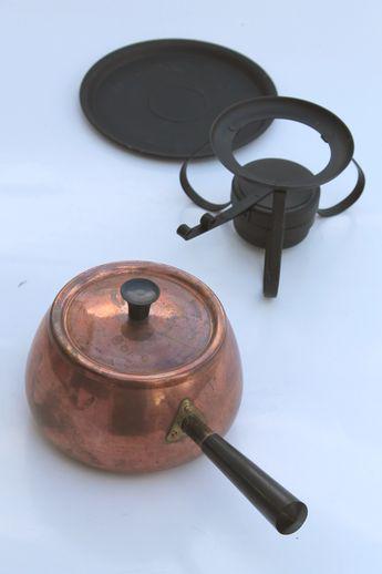 photo of retro vintage copper fondue pot & warming stand, Portugal copper ware #4