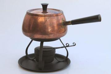 catalog photo of retro vintage copper fondue pot & warming stand, Portugal copper ware