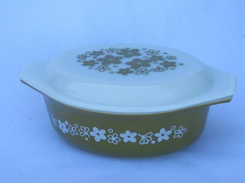 photo of retro vintage crazy daisy Pyrex glass casserole w/ lid, green daisies #1