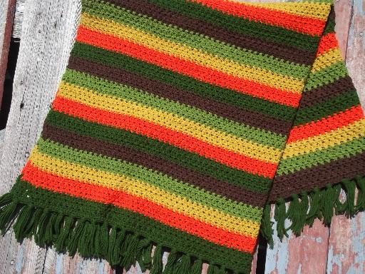 photo of retro vintage crochet acrylic afghan, lime green, orange, gold, brown #1