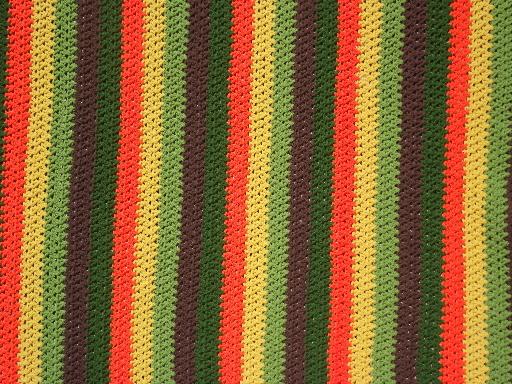 photo of retro vintage crochet acrylic afghan, lime green, orange, gold, brown #2