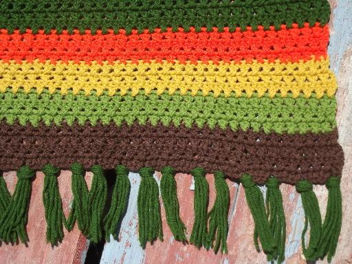 photo of retro vintage crochet acrylic afghan, lime green, orange, gold, brown #3