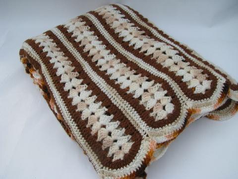 photo of retro vintage crochet afghan lap blanket, brown earth tone colors #1