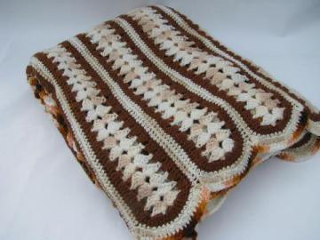catalog photo of retro vintage crochet afghan lap blanket, brown earth tone colors