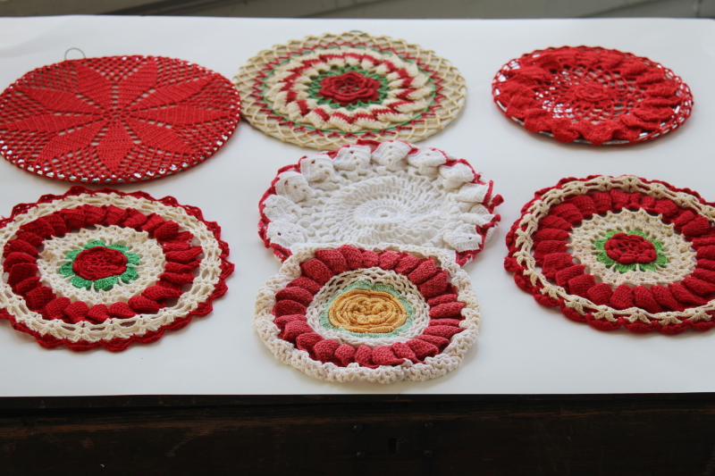 photo of retro vintage crochet hot mats lot, trivets w/ red & white doily style covers #1