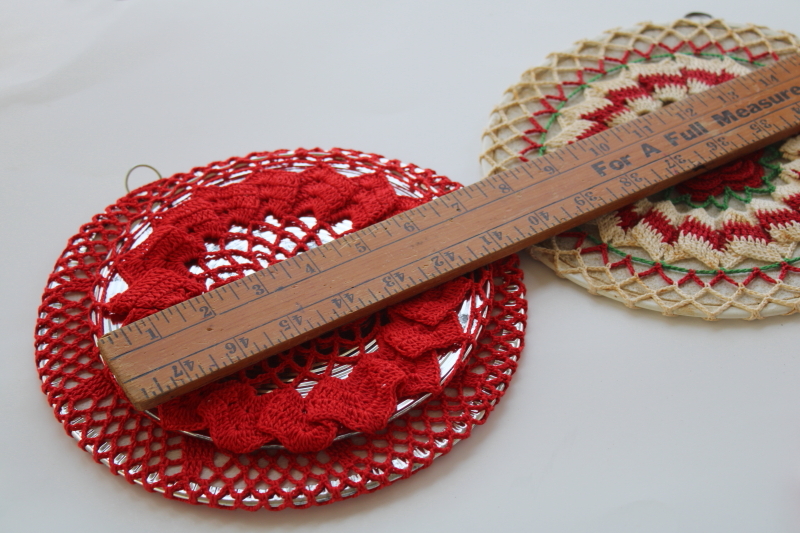 photo of retro vintage crochet hot mats lot, trivets w/ red & white doily style covers #2