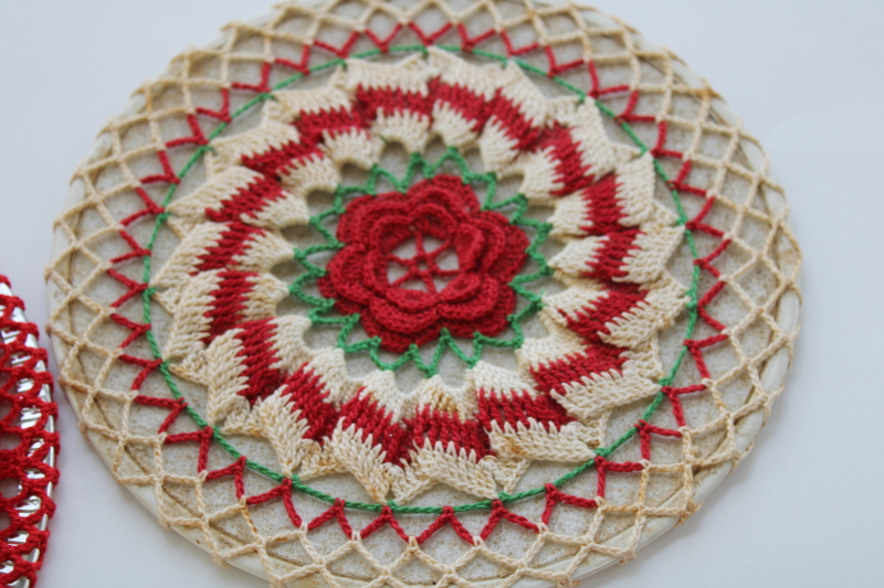 photo of retro vintage crochet hot mats lot, trivets w/ red & white doily style covers #3