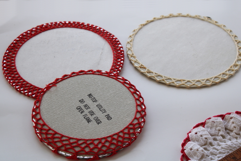 photo of retro vintage crochet hot mats lot, trivets w/ red & white doily style covers #4