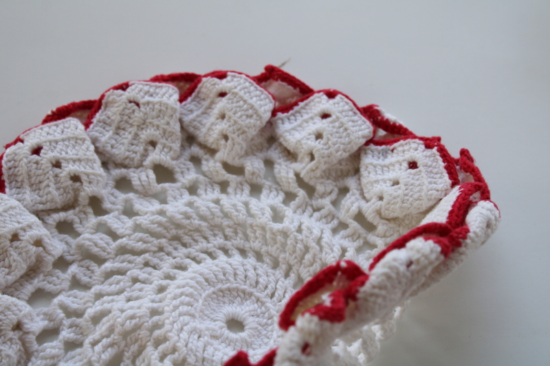 photo of retro vintage crochet hot mats lot, trivets w/ red & white doily style covers #5