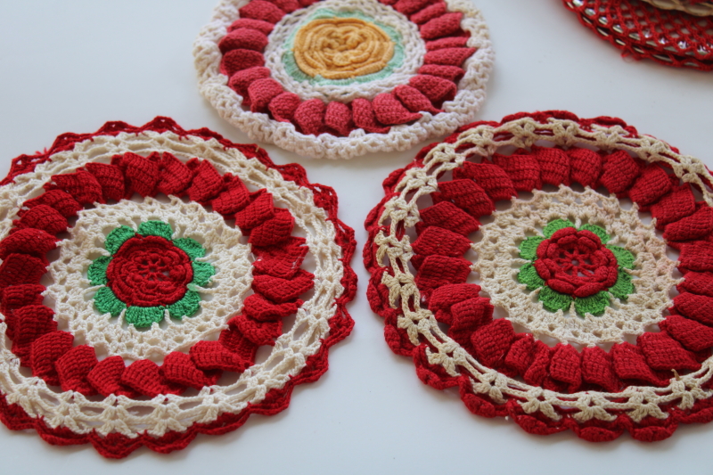 photo of retro vintage crochet hot mats lot, trivets w/ red & white doily style covers #6