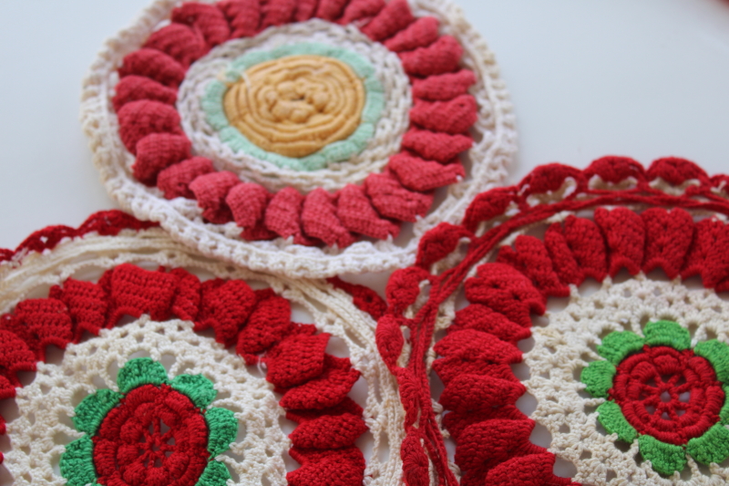 photo of retro vintage crochet hot mats lot, trivets w/ red & white doily style covers #7