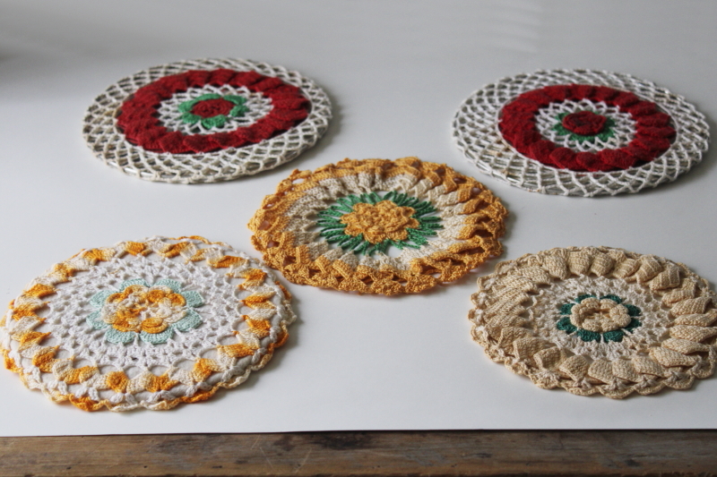 photo of retro vintage crochet hot mats lot, trivets red yellow flower doily covers  #1