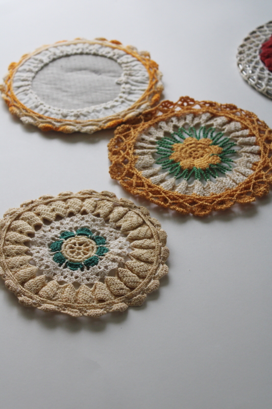 photo of retro vintage crochet hot mats lot, trivets red yellow flower doily covers  #2