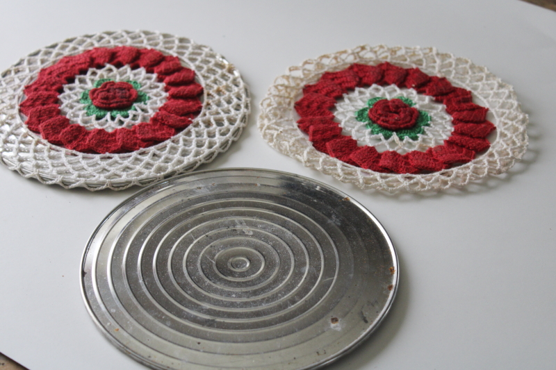 photo of retro vintage crochet hot mats lot, trivets red yellow flower doily covers  #5