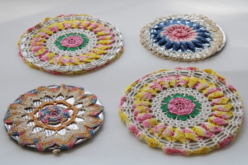 photo of retro vintage crochet hot mats, trivets w/ colorful flower doily style covers #1