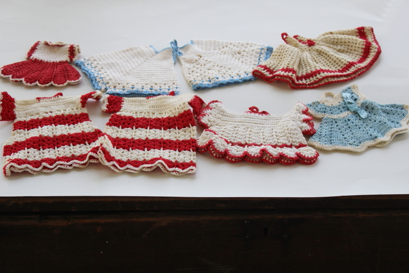 photo of retro vintage crochet potholders lot, red white blue tiny clothes shapes pot holders handmade crocheted cotton #1