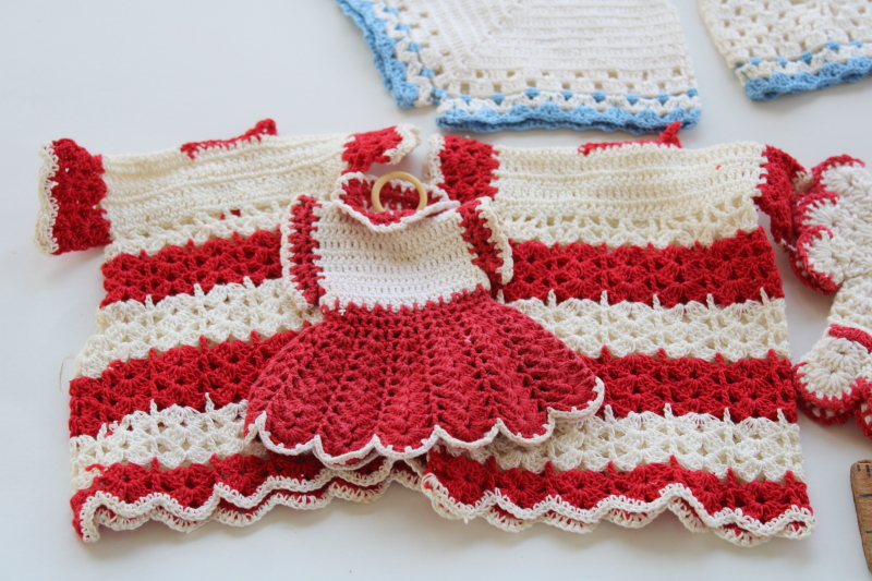 photo of retro vintage crochet potholders lot, red white blue tiny clothes shapes pot holders handmade crocheted cotton #3