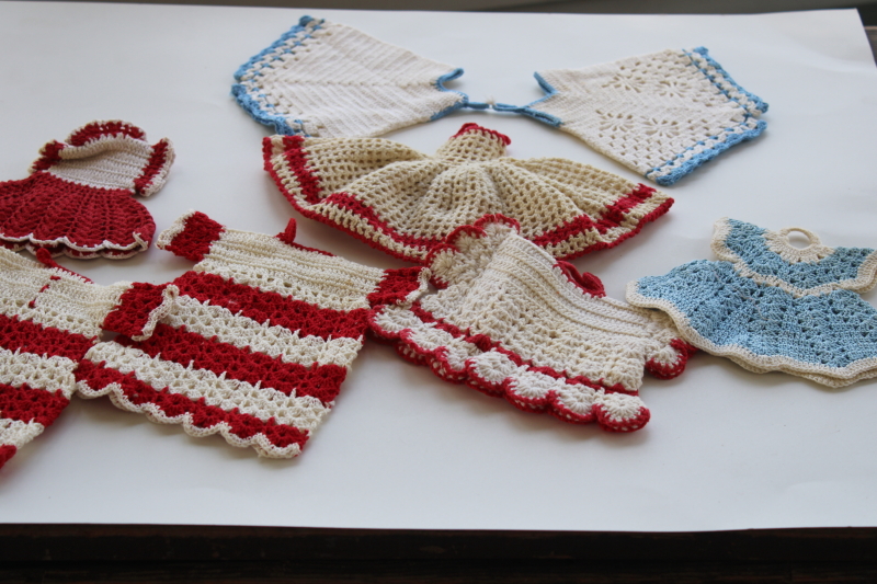 photo of retro vintage crochet potholders lot, red white blue tiny clothes shapes pot holders handmade crocheted cotton #6