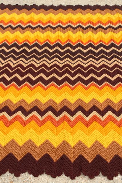 photo of retro vintage crocheted afghan, crochet chevron stripes in warm fall colors #1