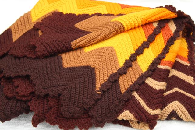 photo of retro vintage crocheted afghan, crochet chevron stripes in warm fall colors #2