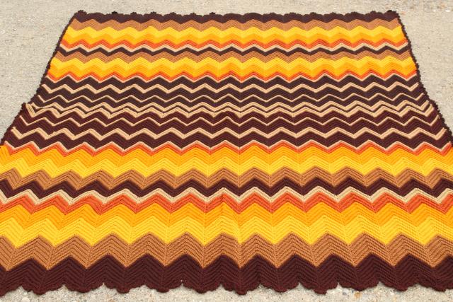 photo of retro vintage crocheted afghan, crochet chevron stripes in warm fall colors #4