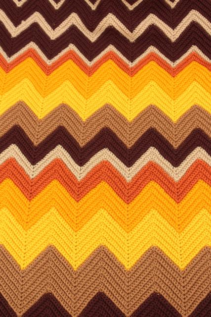 photo of retro vintage crocheted afghan, crochet chevron stripes in warm fall colors #5