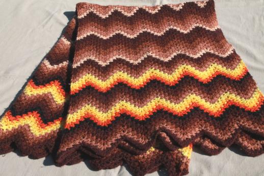 photo of retro vintage crocheted afghan, crochet chevron stripes in warm fall colors #1