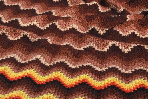 photo of retro vintage crocheted afghan, crochet chevron stripes in warm fall colors #4